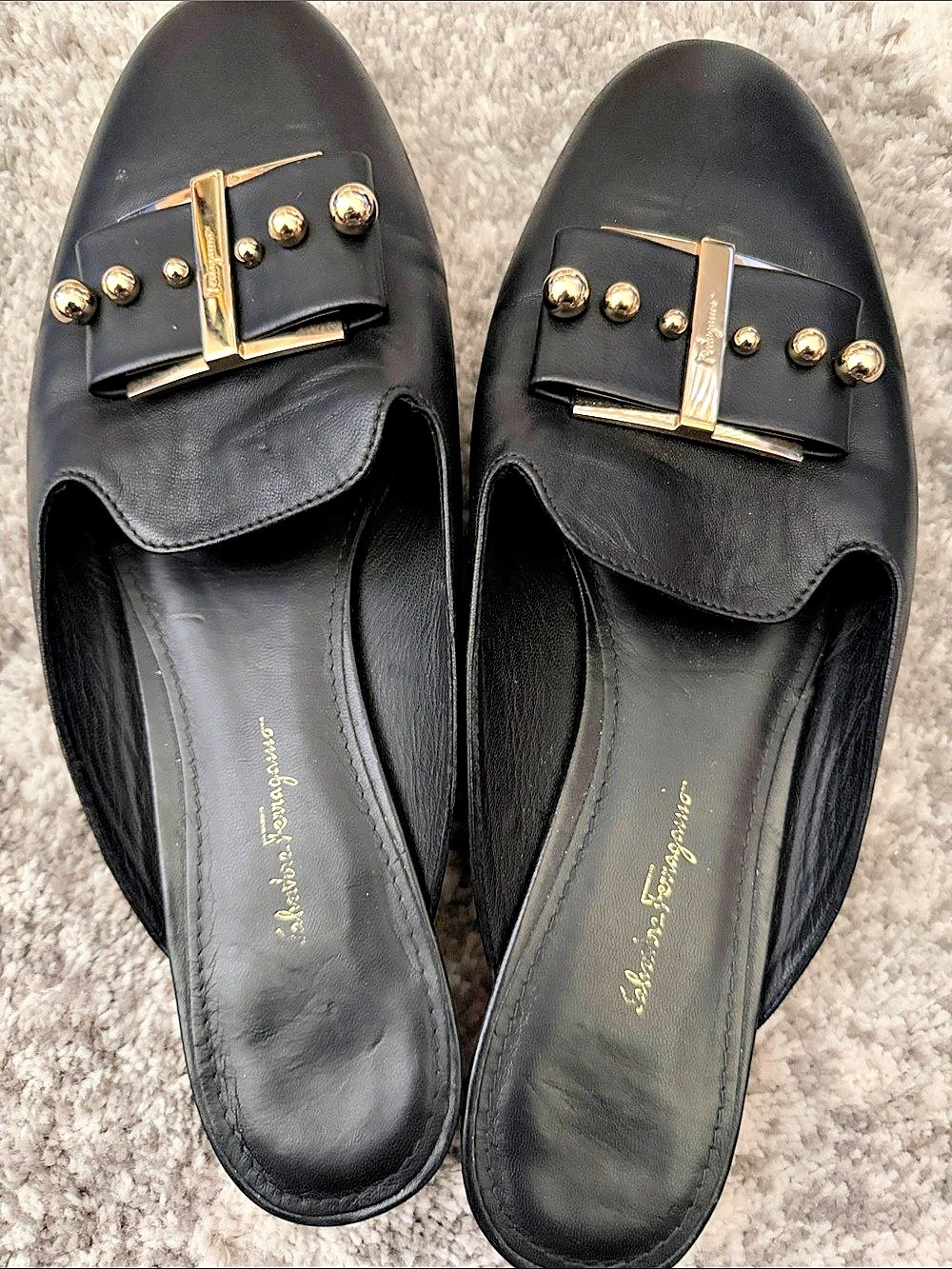 Salvatore Ferragamo Black Gold-Tone Hardware Mules